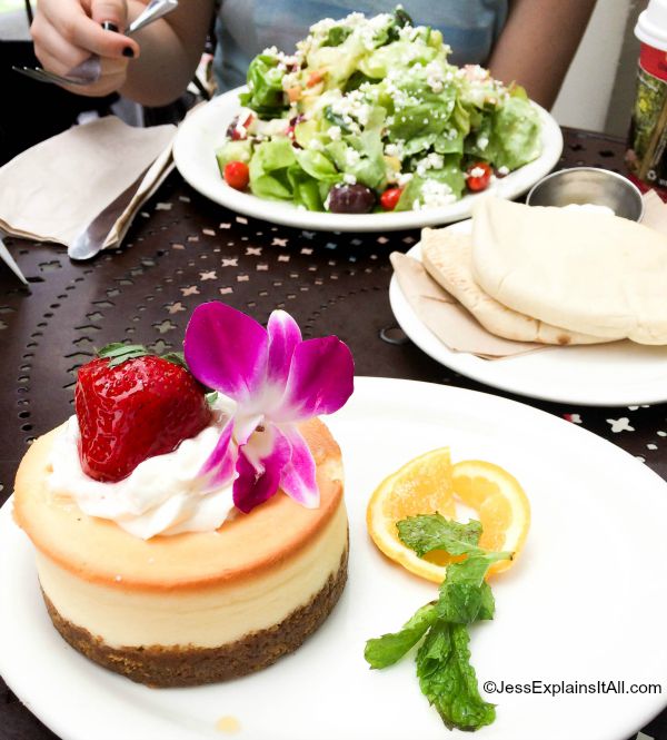 cheesecake, salad and pita bread