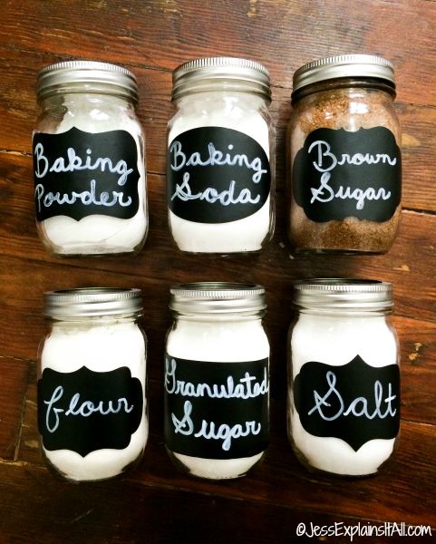 Mason jars with ingredient labels