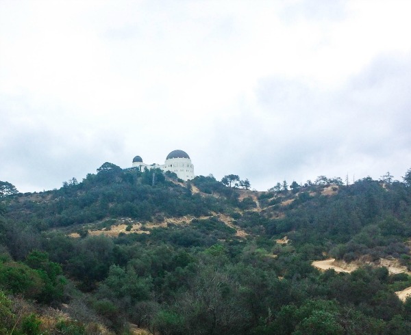 The Griffith Observatory on top of a mountain surrounded by trees.