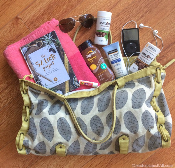 beach bag packed with essentials